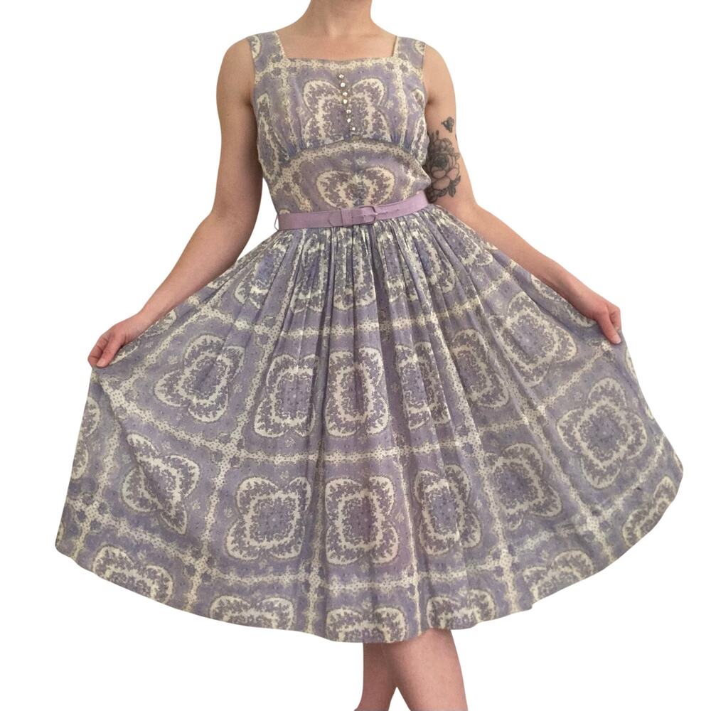 1950s Vintage Shirley Lee Purple Floral Fit and Flare Cocktail Dress